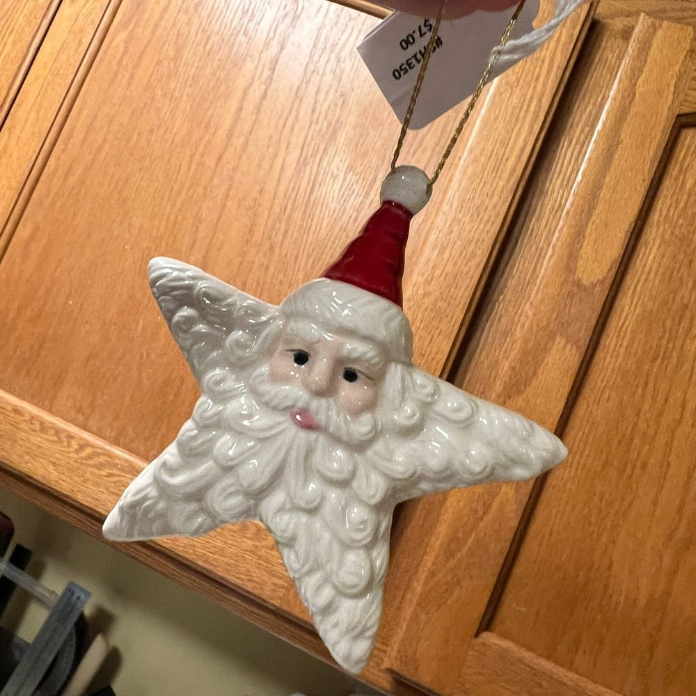 Set of 2 Handmade Star Shaped Ceramic Santa Christmas Ornaments